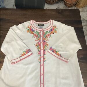 Bob Mackie Embroidered White Cardigan with Pink Trim